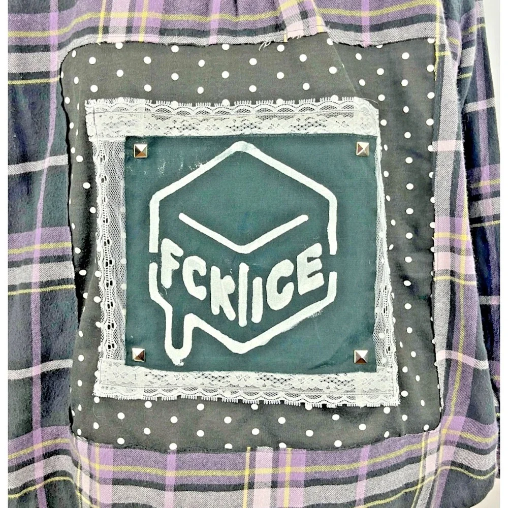 Sonoma Black and Purple Plaid Flannel with Back Graphic Patch - Picture 3 of 9